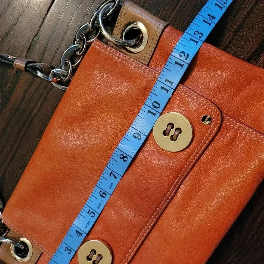 MILLY Orange tan soft leather gold chain link shoulder bag purse contemporary